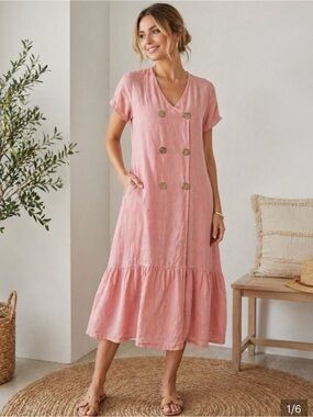 LIN BLANC V-Neck Button-Front Midi Dress in Dusty Pink